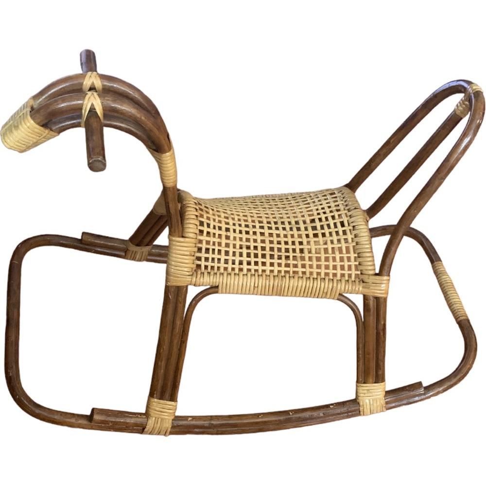 MCM Ratan wicker vintage rocking horse for your boho nursery